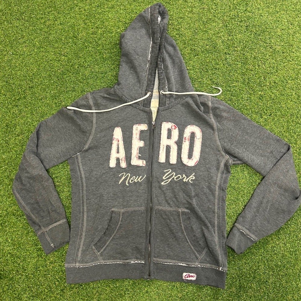 Aeropostale Gray Full Zip Hoodie Aero New York Plaid Applique XL